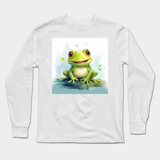 Happy Cute and Adorable Bright Green Watercolor Frog Long Sleeve T-Shirt